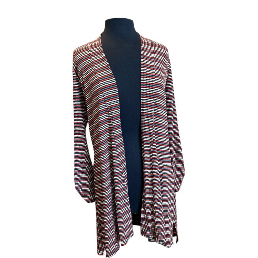 Chris & Carol Lightweight Coral and Turquoise Striped Flowy Open Front Cardigan